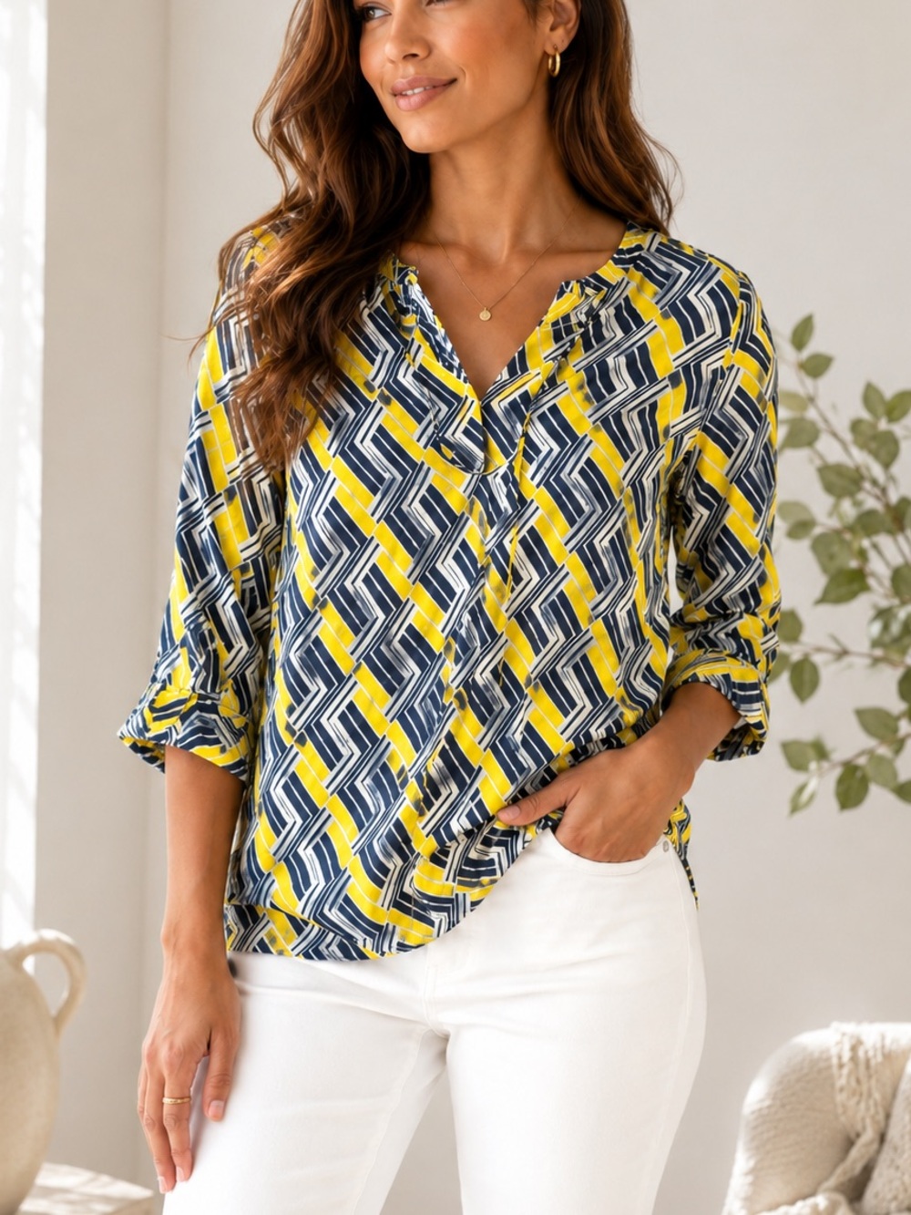 Banana Republic Yellow and Navy Geometric V-Neck Blouse